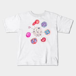 Blood cells. RBCs. WBCs, Basophil, Platelet, thrombocyte, Neutrophil, B-Lymphocyte, Monocyte, Eosinophil. Kids T-Shirt